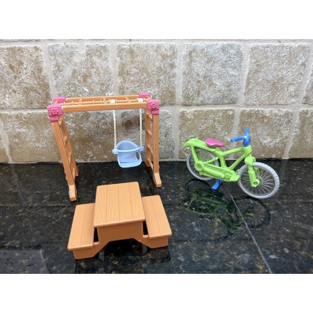 Fisher-Price Loving Family Dollhouse Backyard Swing Set Bike Picnic Table 3 pc
